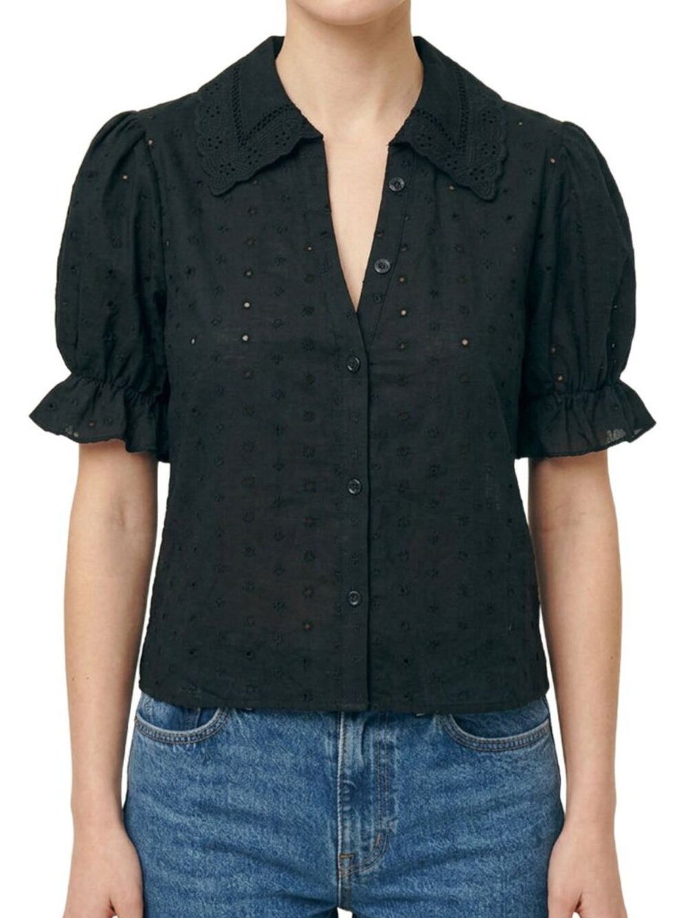 Reformation Gibson Top Black Linen Eyelet Puff Sleeve Button Down M